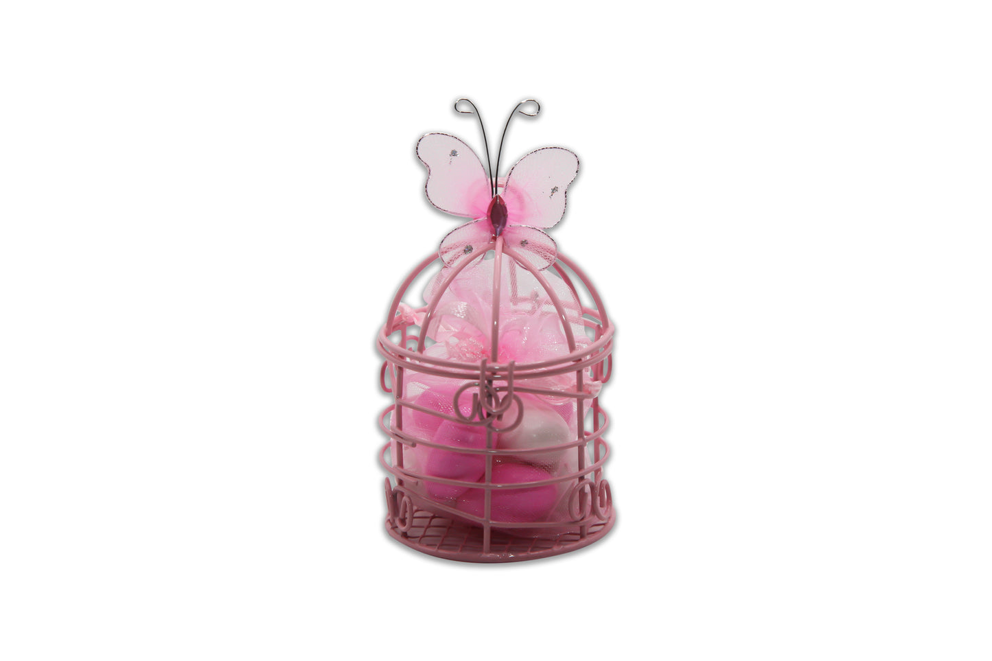 Pink Bird Cage with Pink Butterfly - Pink & White Jordan Almonds - All Occasions Favor