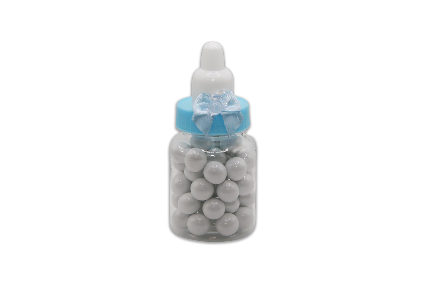 Baby Bottle with Clear Pacifier and Blue Bow - White Sixlets Chocolate - Decorated Toy Favor