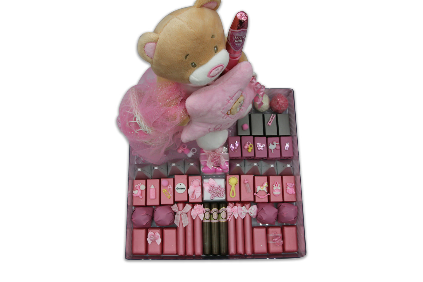 Personalized Girls Teddy Bear and Cute Stroller  - Baby Girl Chocolate Gift Arrangement