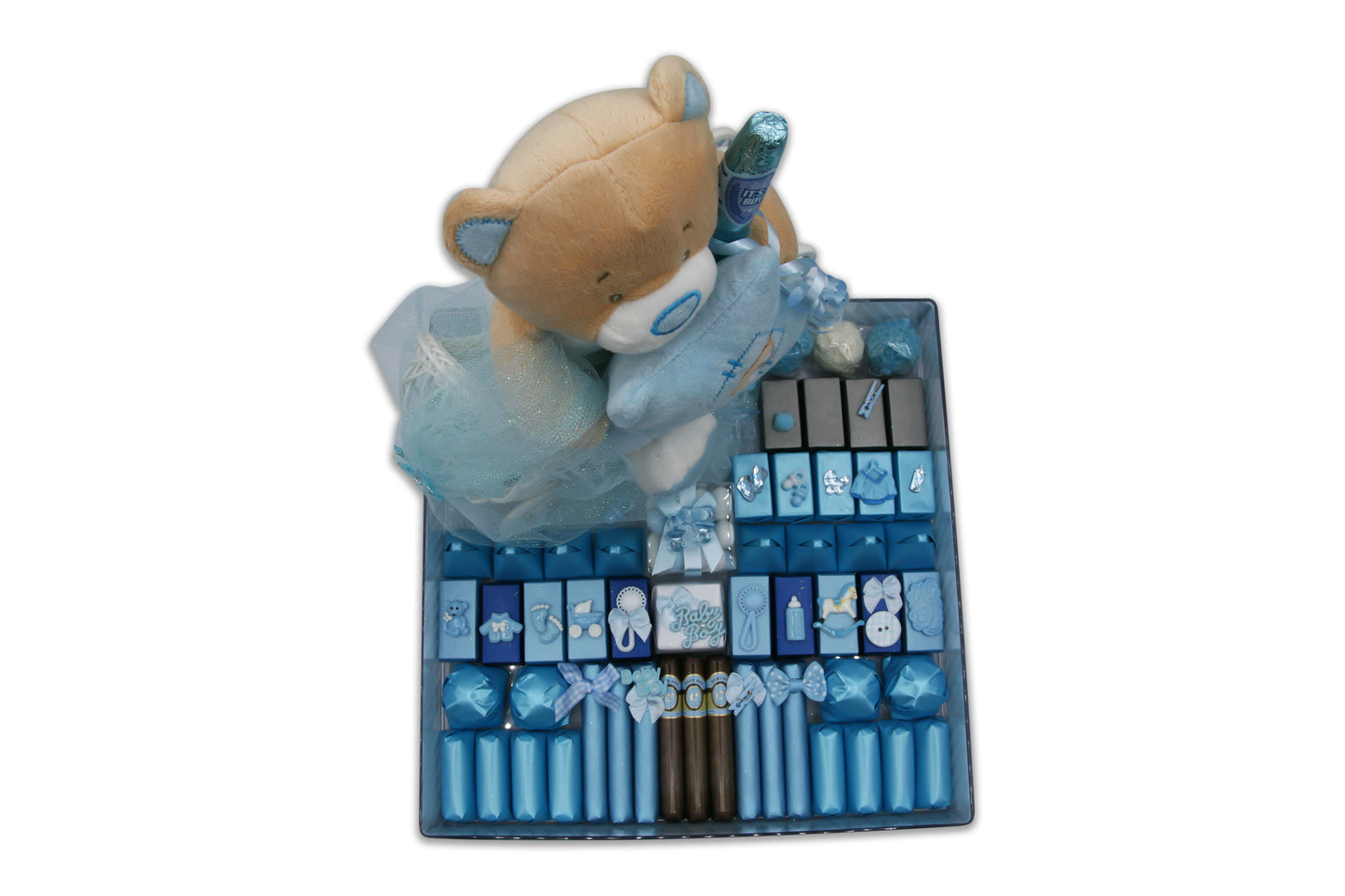 Personalized Boys Teddy Bear and Cute Stroller - Baby Boy Chocolate Gift Arrangement