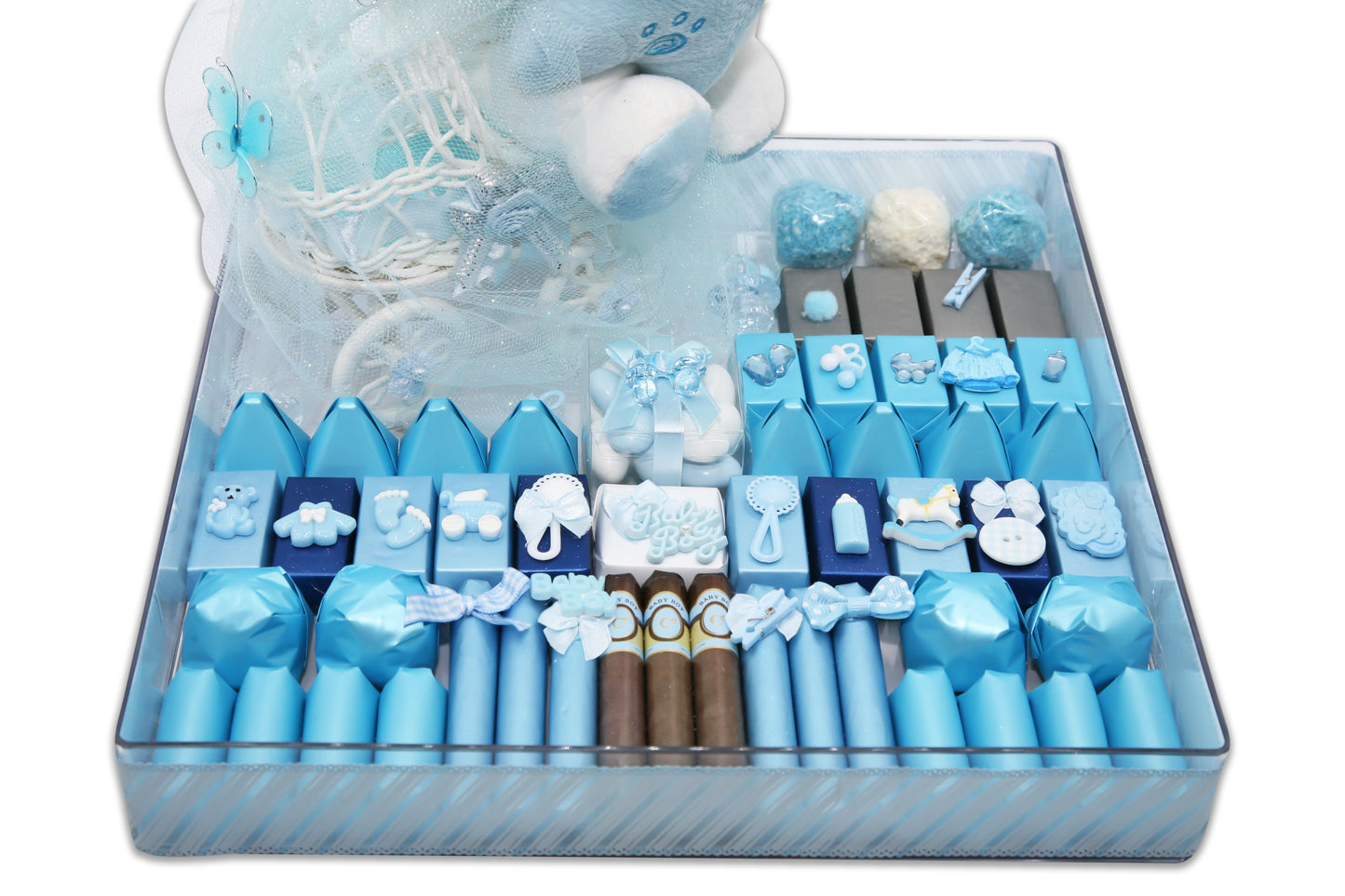 Personalized Boys Teddy Bear and Cute Stroller - Baby Boy Chocolate Gift Arrangement
