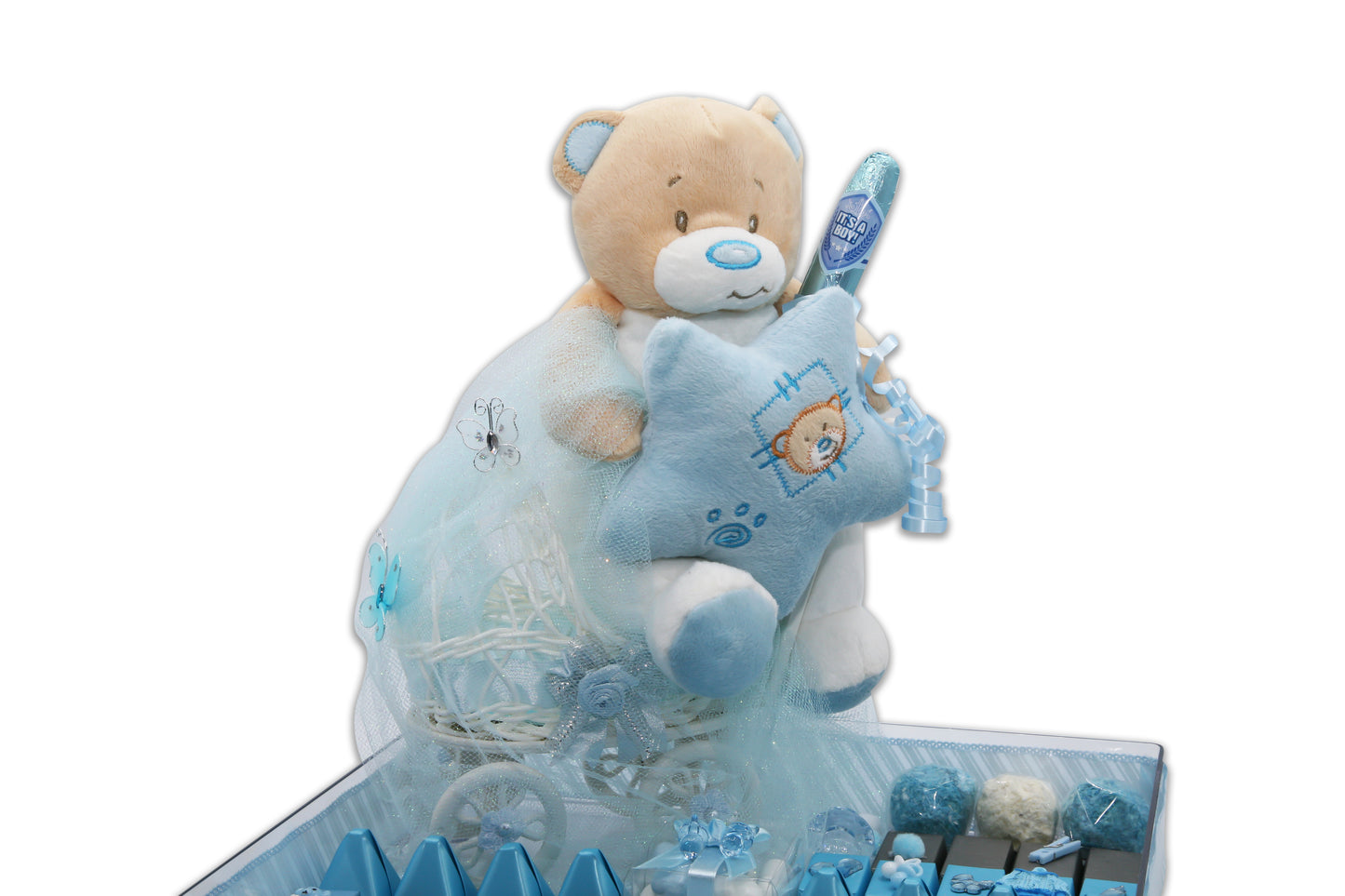 Personalized Boys Teddy Bear and Cute Stroller - Baby Boy Chocolate Gift Arrangement