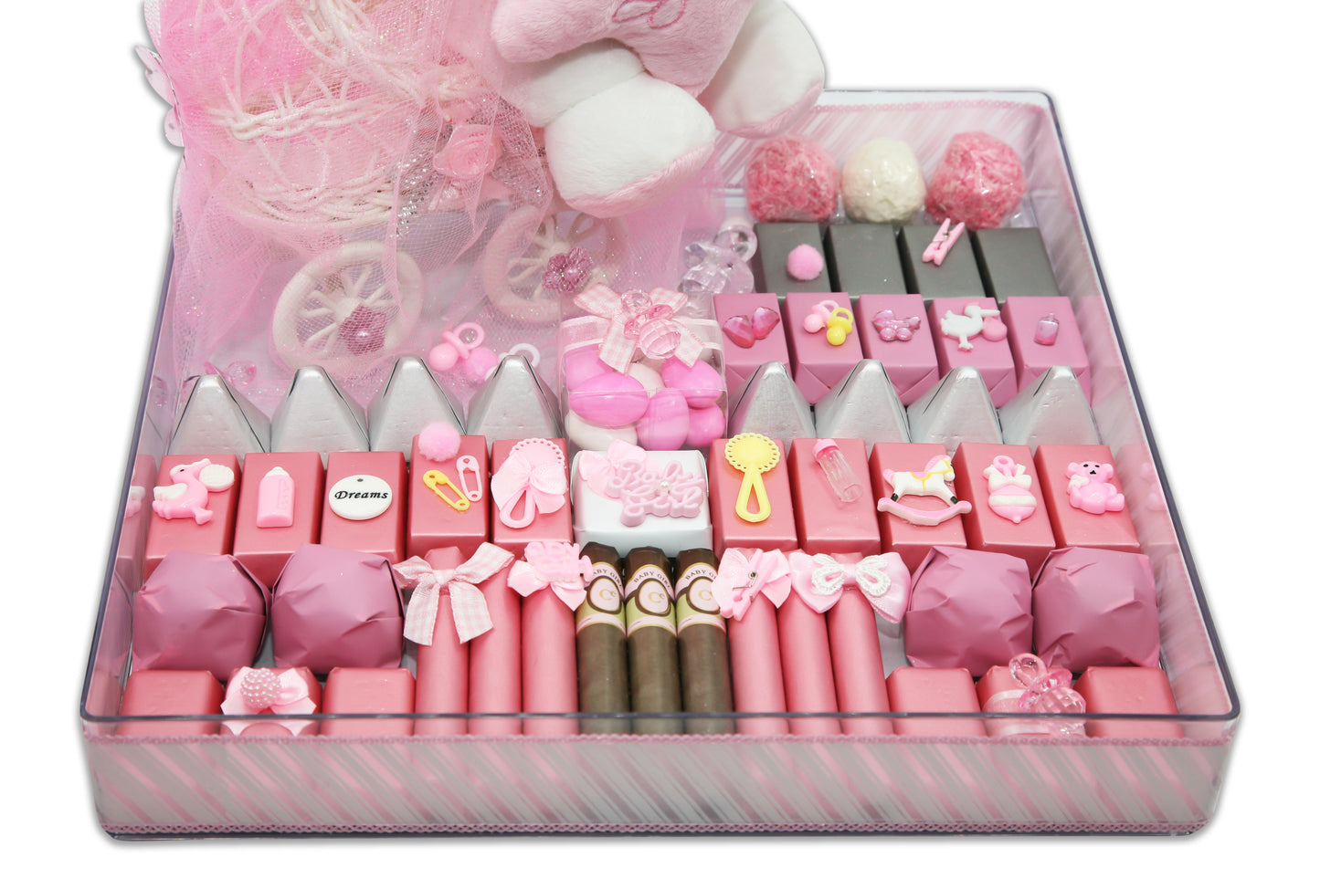 Personalized Girls Teddy Bear and Cute Stroller  - Baby Girl Chocolate Gift Arrangement