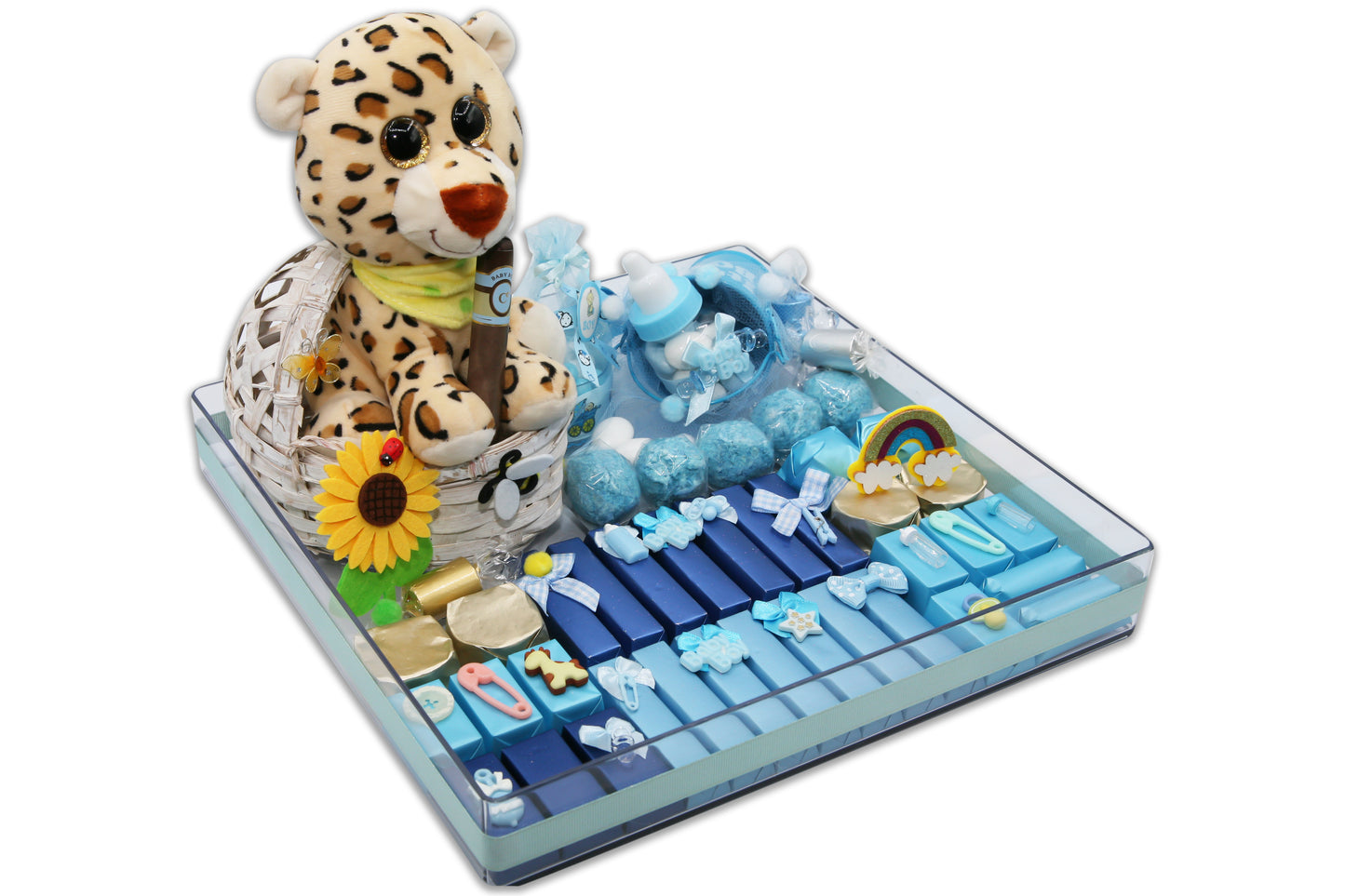 Cute Leopard in Basket -  Baby Boy Chocolate Gift Arrangement