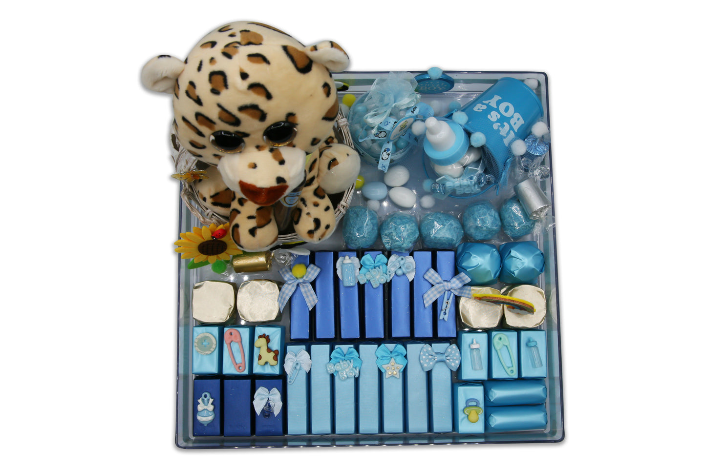 Cute Leopard in Basket -  Baby Boy Chocolate Gift Arrangement